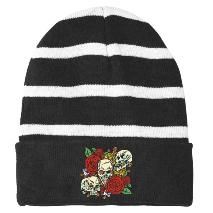 Skull Floral Rose Striped Beanie with Solid Band