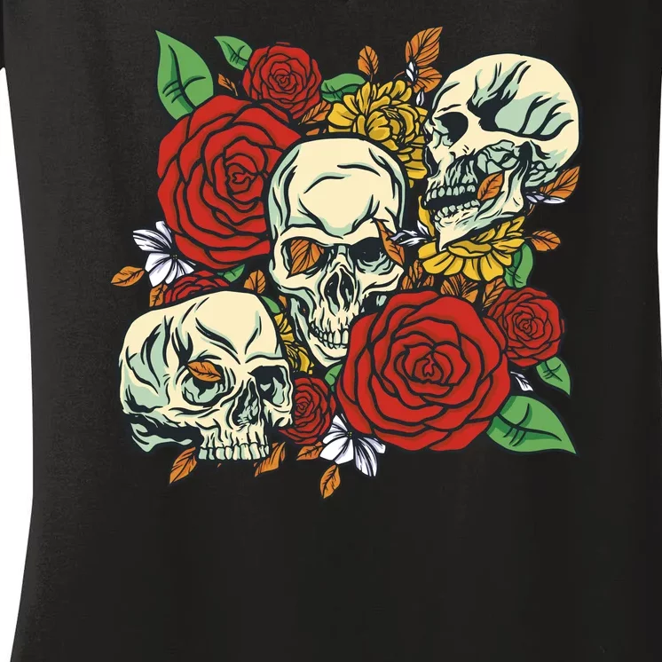 Skull Floral Rose Women's V-Neck T-Shirt