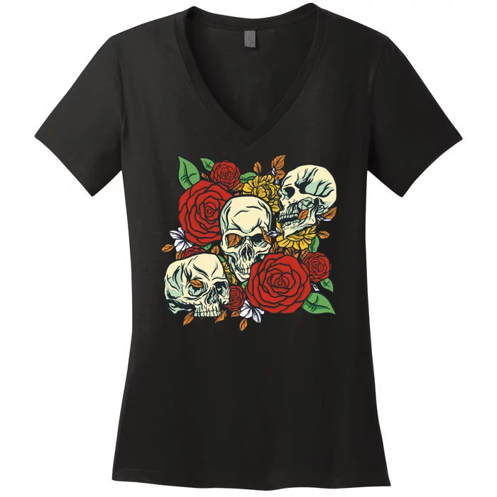 Skull Floral Rose Women's V-Neck T-Shirt