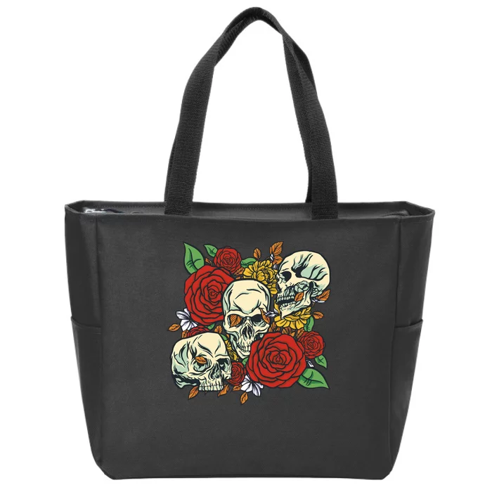 Skull Floral Rose Zip Tote Bag