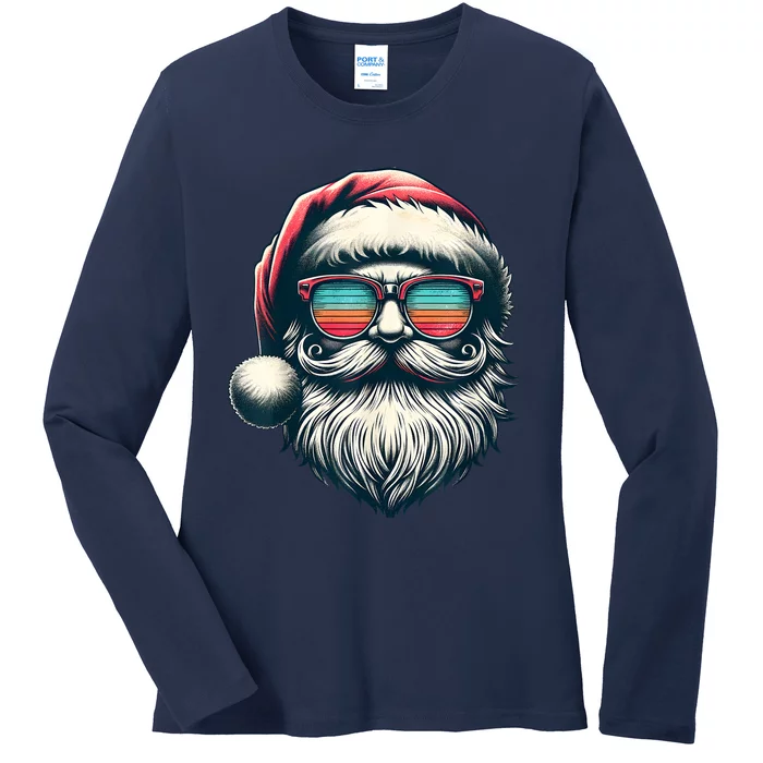 Santa Face Retro Sunglasses Christmas Xmas Ladies Long Sleeve Shirt