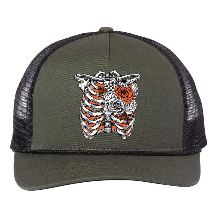 Skeleton Flowers Rib Cage X Ray Funny Halloween Retro Rope Trucker Hat Cap