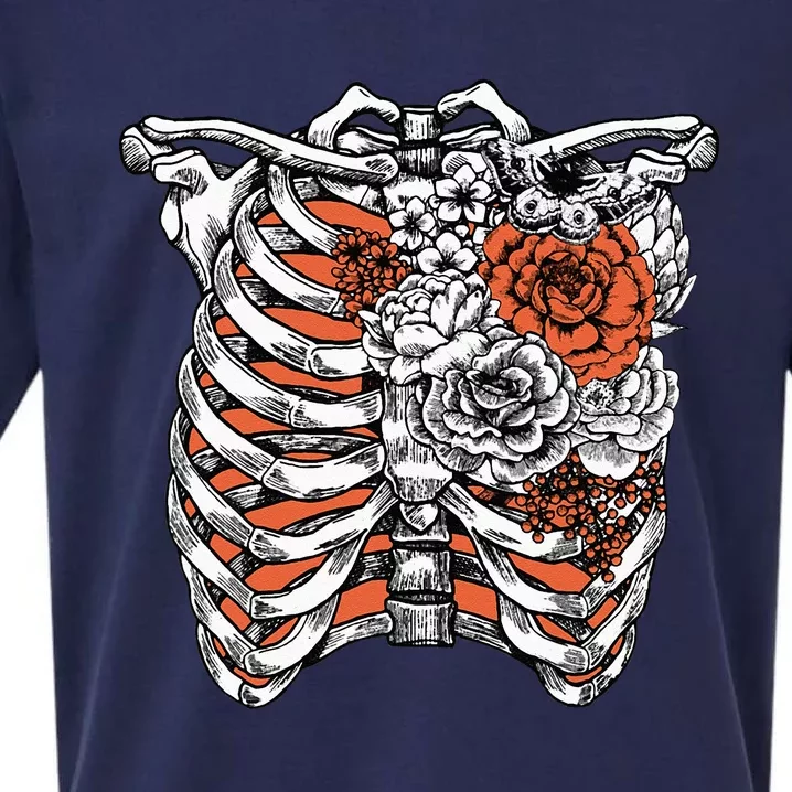 Skeleton Flowers Rib Cage X Ray Funny Halloween Sueded Cloud Jersey T-Shirt