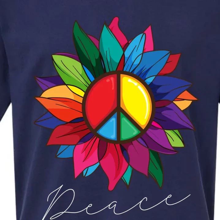 Sunflower Flower Rainbow Peace Sign World Retro Hippie 70s Gift Sueded Cloud Jersey T-Shirt