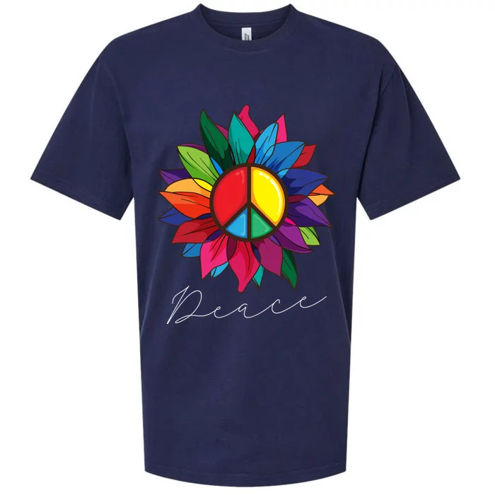 Sunflower Flower Rainbow Peace Sign World Retro Hippie 70s Gift Sueded Cloud Jersey T-Shirt