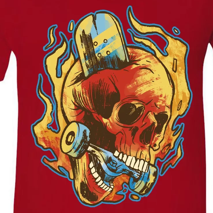 Skull Flame Skater V-Neck T-Shirt