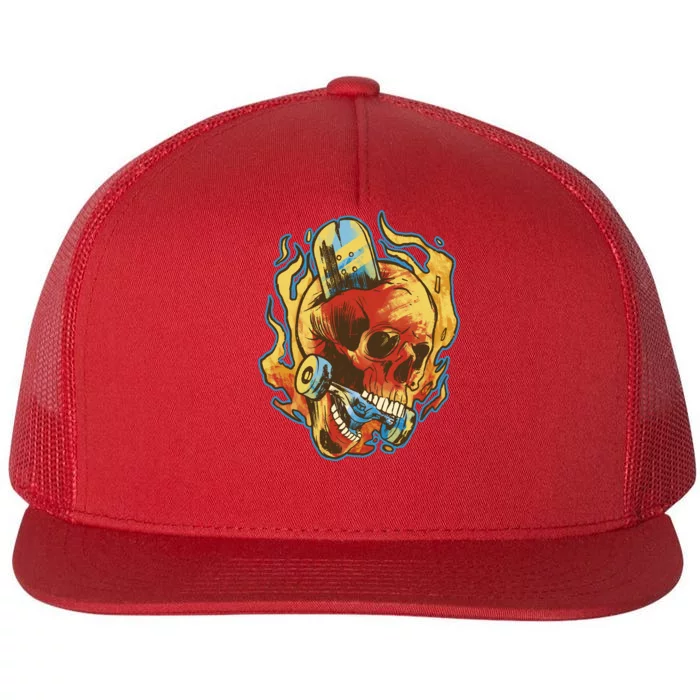 Skull Flame Skater Flat Bill Trucker Hat