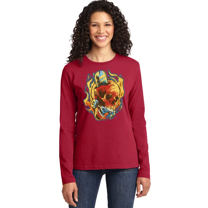 Skull Flame Skater Ladies Long Sleeve Shirt