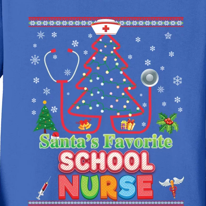 Santas Favorite School Nurse Christmas Tree Stethoscope Gift Kids Long Sleeve Shirt