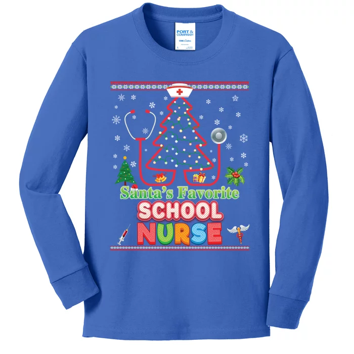 Santas Favorite School Nurse Christmas Tree Stethoscope Gift Kids Long Sleeve Shirt