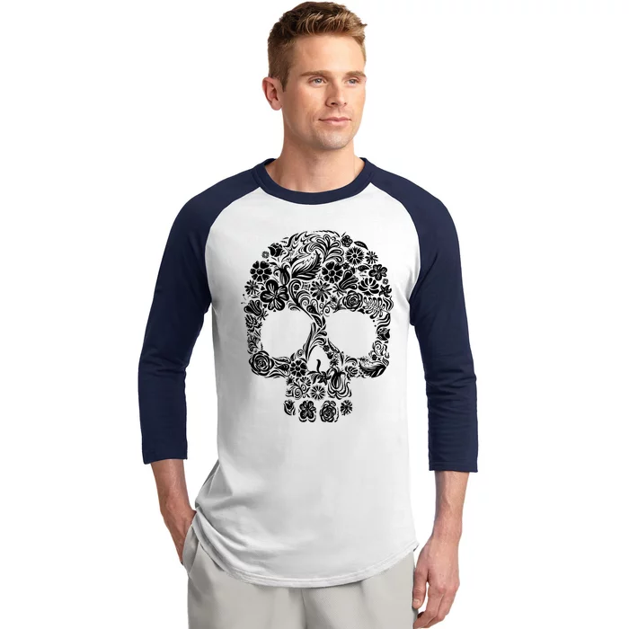 Skull Flowers Skull Baseball Sleeve Shirt