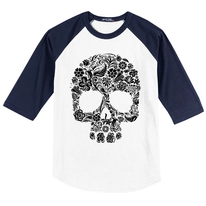 Skull Flowers Skull Baseball Sleeve Shirt