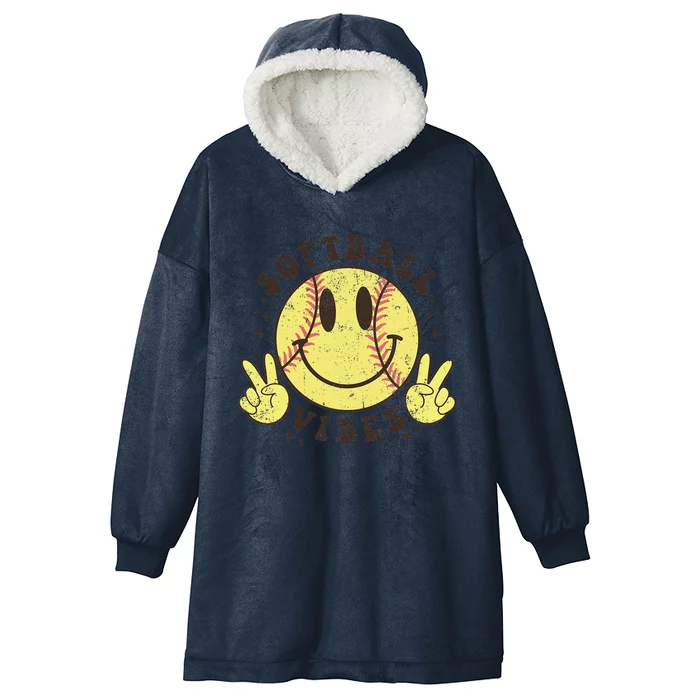 Smile Face Softball Vibes Game Day Softball Life Mom Retro Hooded Wearable Blanket