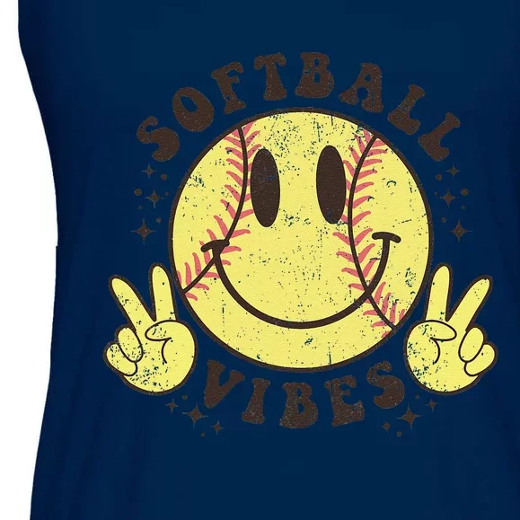 Smile Face Softball Vibes Game Day Softball Life Mom Retro Ladies Essential Flowy Tank