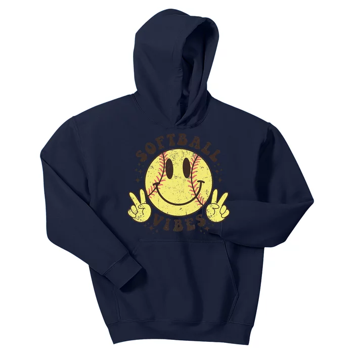 Smile Face Softball Vibes Game Day Softball Life Mom Retro Kids Hoodie