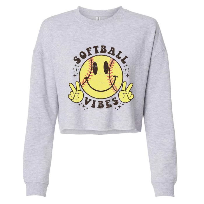 Smile Face Softball Vibes Game Day Softball Life Mom Retro Cropped Pullover Crew