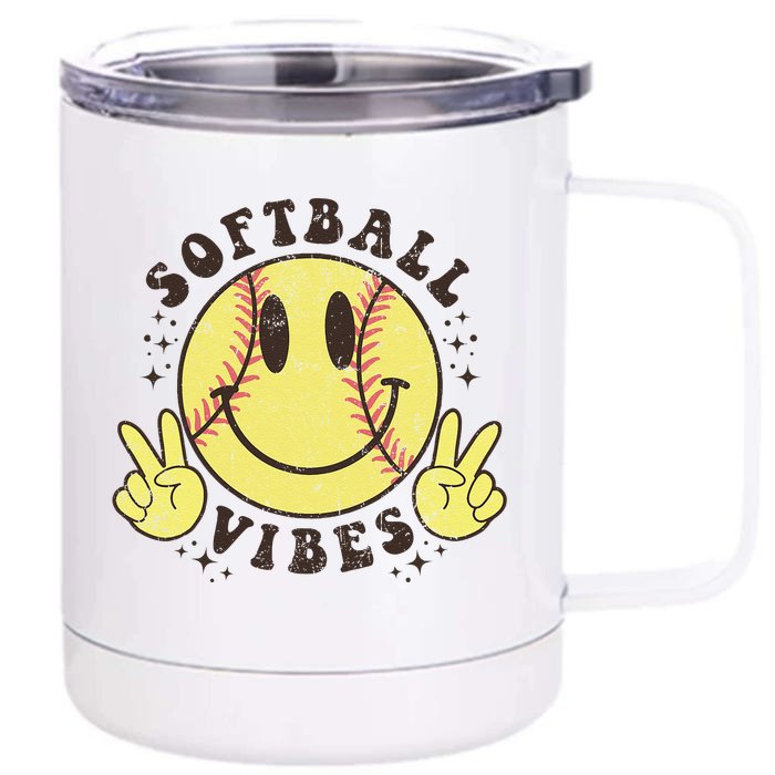 Smile Face Softball Vibes Game Day Softball Life Mom Retro Front & Back 12oz Stainless Steel Tumbler Cup