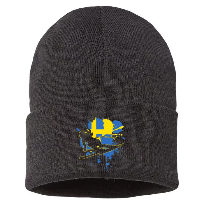 Sweden Flag Skier Swedish Alpine Skiing Sustainable Knit Beanie