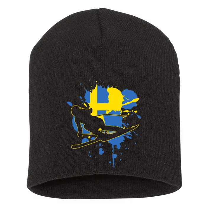 Sweden Flag Skier Swedish Alpine Skiing Short Acrylic Beanie