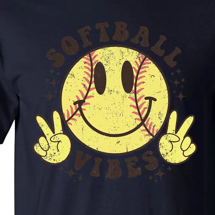 Smile Face Softball Vibes Game Day Softball Life Mom Retro Tall T-Shirt