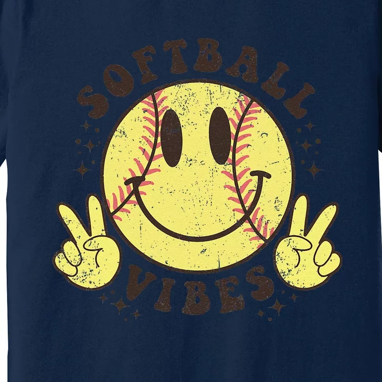 Smile Face Softball Vibes Game Day Softball Life Mom Retro Premium T-Shirt