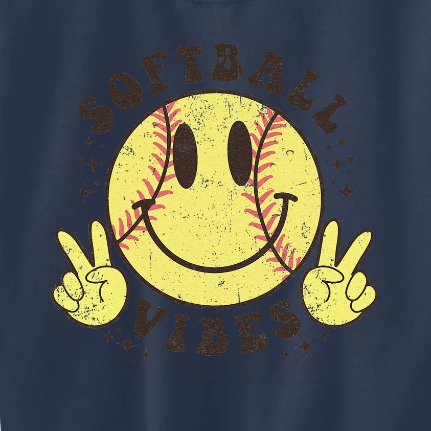 Smile Face Softball Vibes Game Day Softball Life Mom Retro Kids Sweatshirt