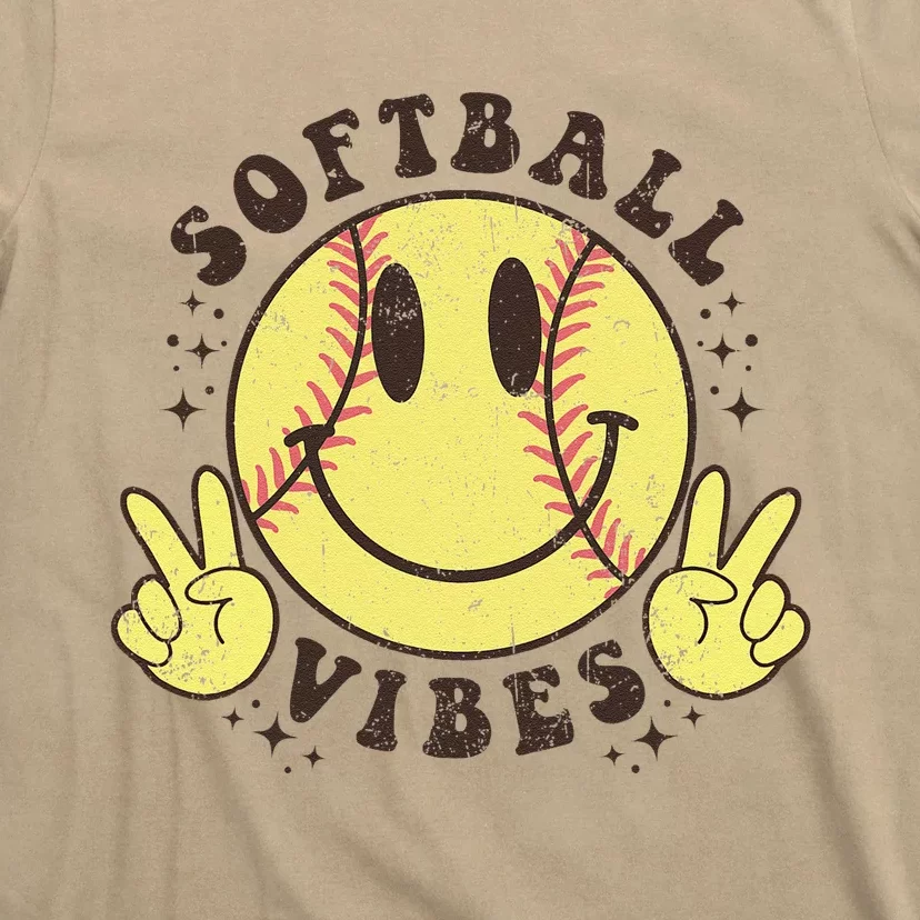 Smile Face Softball Vibes Game Day Softball Life Mom Retro T-Shirt