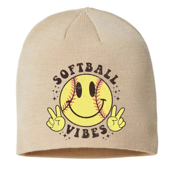 Smile Face Softball Vibes Game Day Softball Life Mom Retro 8 1/2in Sustainable Knit Beanie