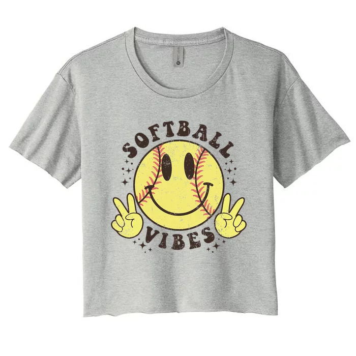 Smile Face Softball Vibes Game Day Softball Life Mom Retro Women's Crop Top Tee