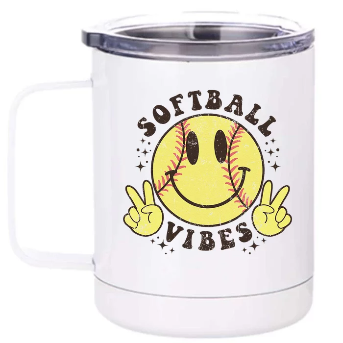 Smile Face Softball Vibes Game Day Softball Life Mom Retro Front & Back 12oz Stainless Steel Tumbler Cup