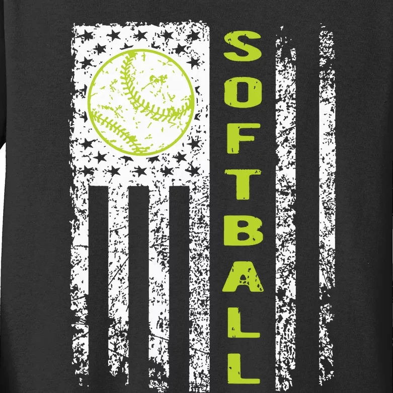 Softball Flag Softball Coach Outfit Softball Player Gift Kids Long Sleeve Shirt