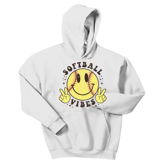 Smile Face Softball Vibes Game Day Softball Life Kids Hoodie