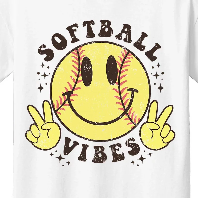 Smile Face Softball Vibes Game Day Softball Life Kids T-Shirt