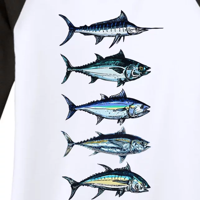 Saltwater Fish Species Swordfish Fishing Camping Hunting Women's Tri-Blend 3/4-Sleeve Raglan Shirt