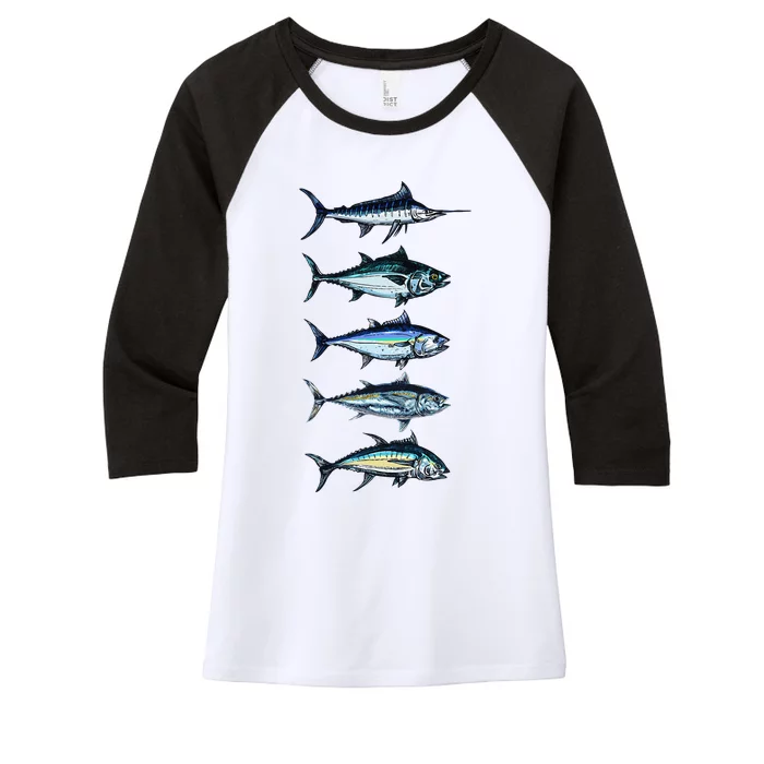 Saltwater Fish Species Swordfish Fishing Camping Hunting Women's Tri-Blend 3/4-Sleeve Raglan Shirt