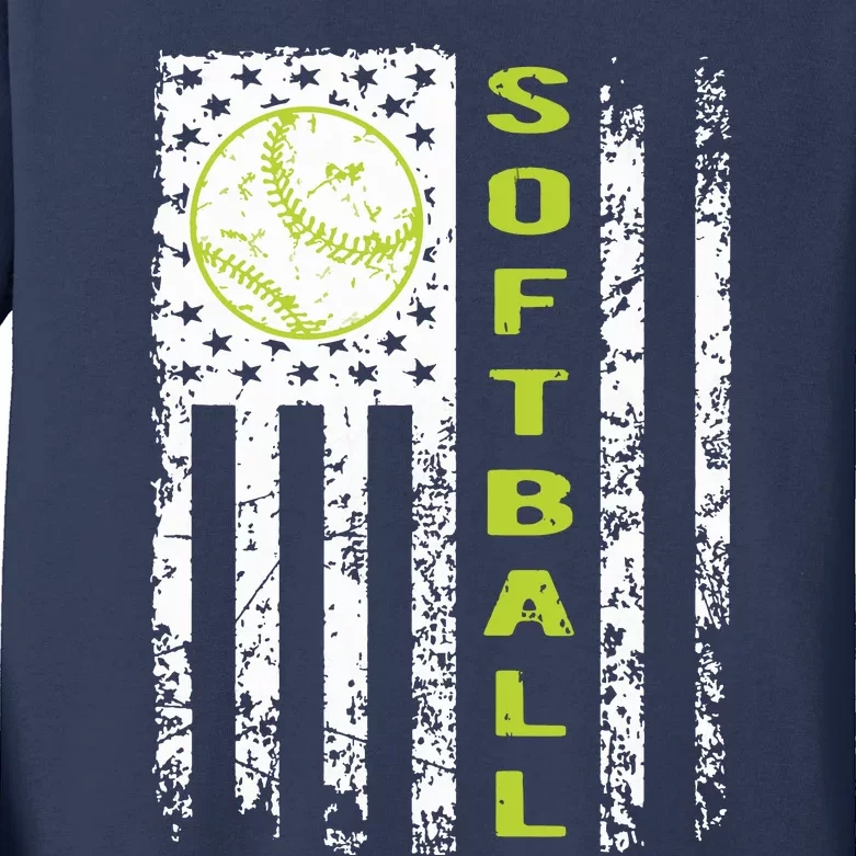 Softball Flag Softball Coach Outfit Softball Player Gift Kids Long Sleeve Shirt