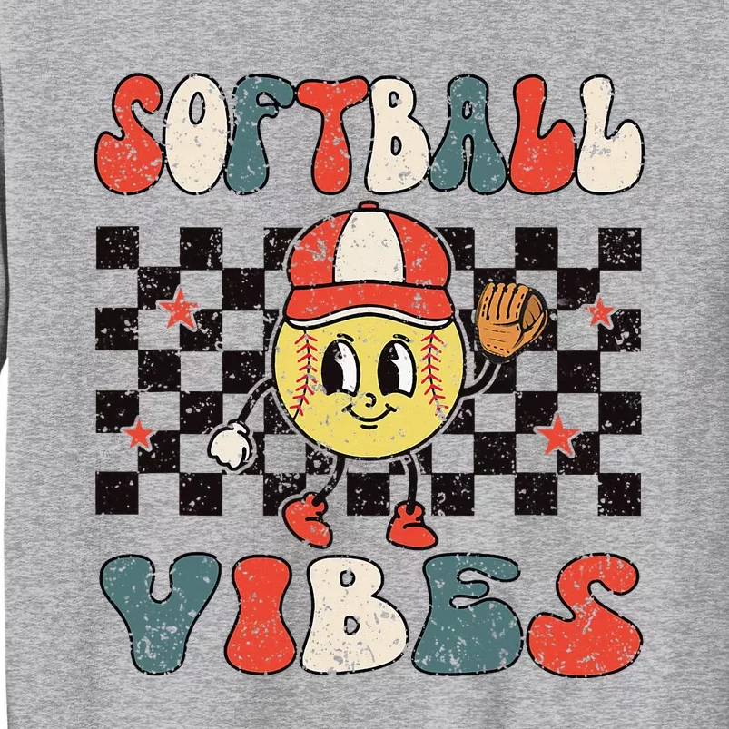 Smile Face Softball Vibes Game Day Softball Life Mom Retro Tall Sweatshirt