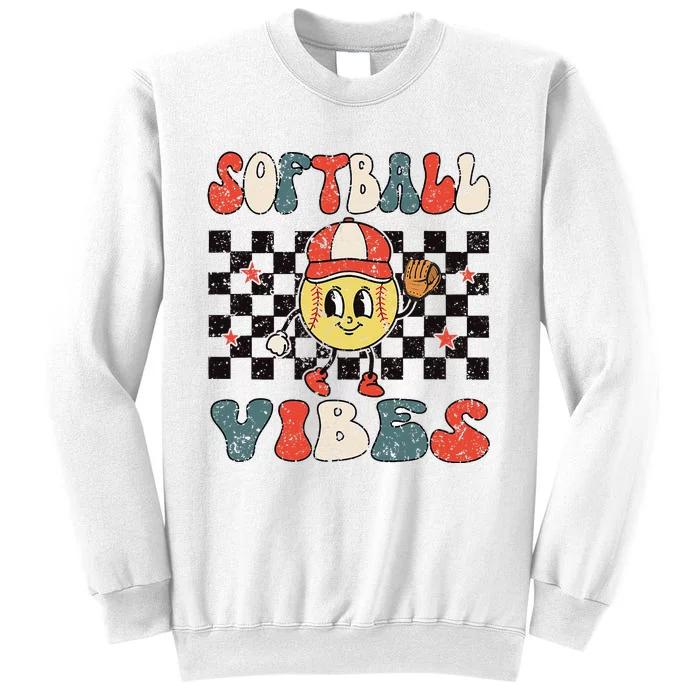 Smile Face Softball Vibes Game Day Softball Life Mom Retro Sweatshirt