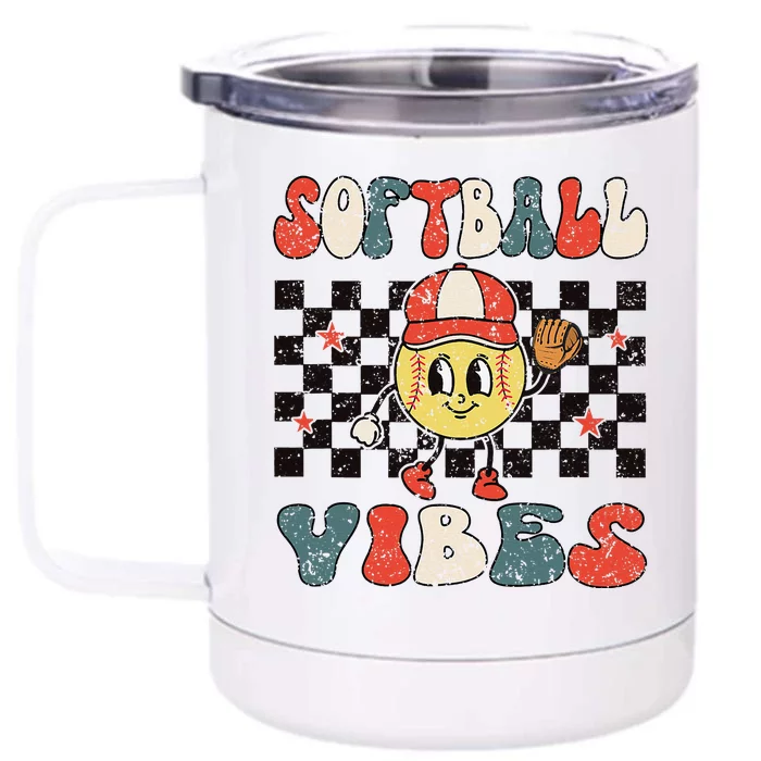 Smile Face Softball Vibes Game Day Softball Life Mom Retro Front & Back 12oz Stainless Steel Tumbler Cup