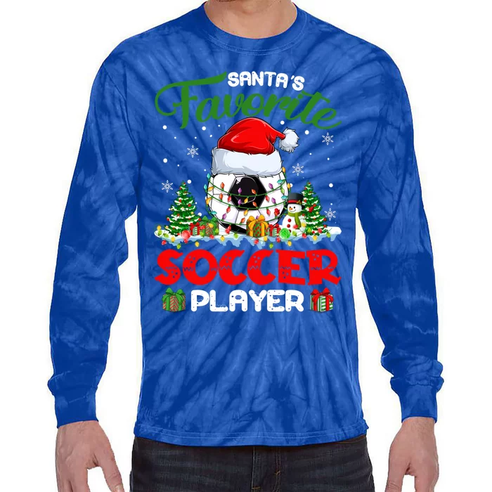 Santas Favorite Soccer Player Xmas Lights Christmas Pajama Cute Gift Tie-Dye Long Sleeve Shirt