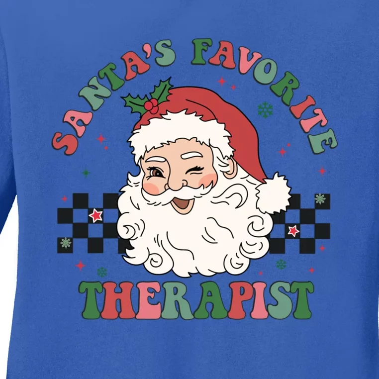 SantaS Favorite Therapist Retro Groovy Santa Face Christmas Funny Gift Ladies Long Sleeve Shirt