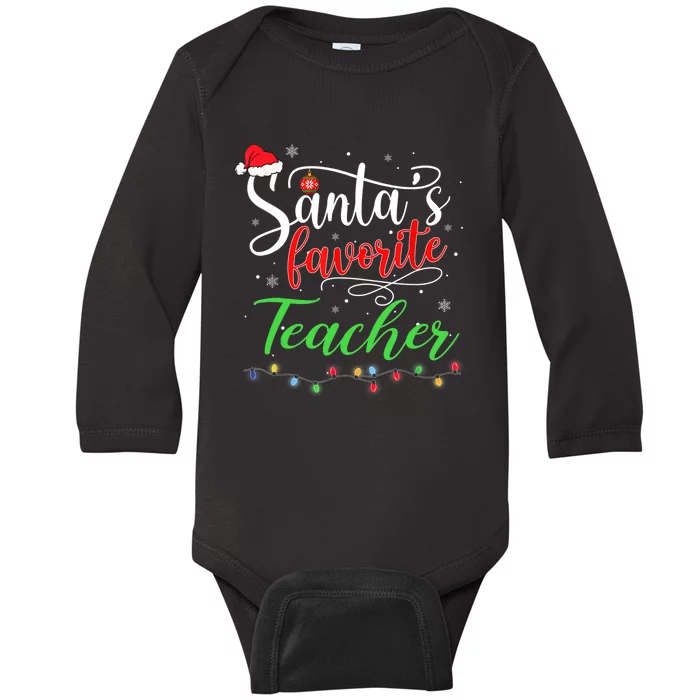 Santas Favorite Teacher Funny Christmas Santa Hat Light TShirt Baby Long Sleeve Bodysuit