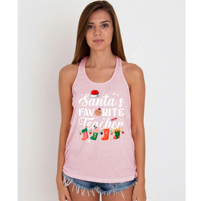 SantaS Favorite Teacher Christmas Santa Xmas Lights Funny Gift Women's Knotted Racerback Tank