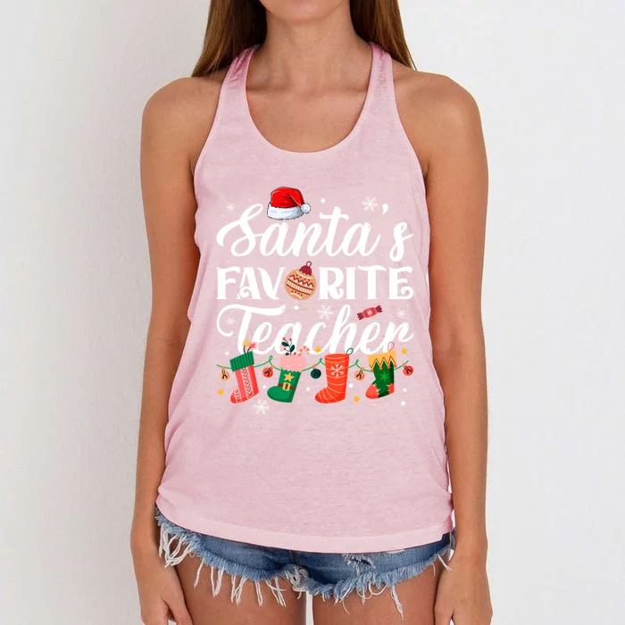 SantaS Favorite Teacher Christmas Santa Xmas Lights Funny Gift Women's Knotted Racerback Tank