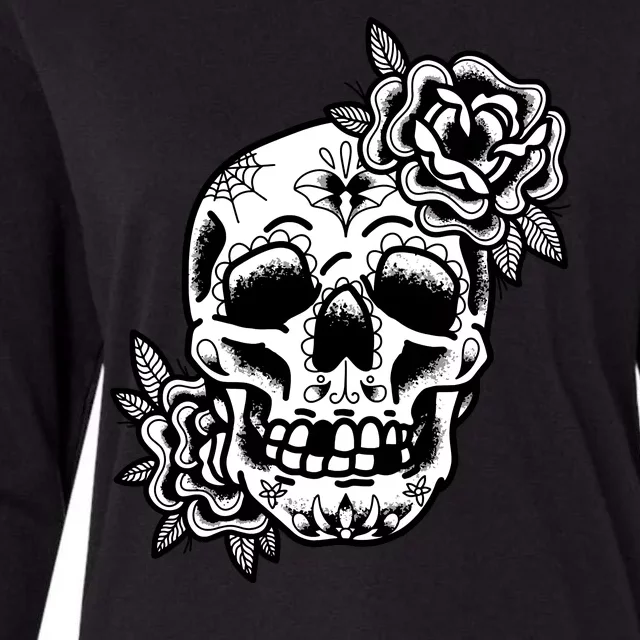 Skull Flower Tattoo Womens Cotton Relaxed Long Sleeve T-Shirt