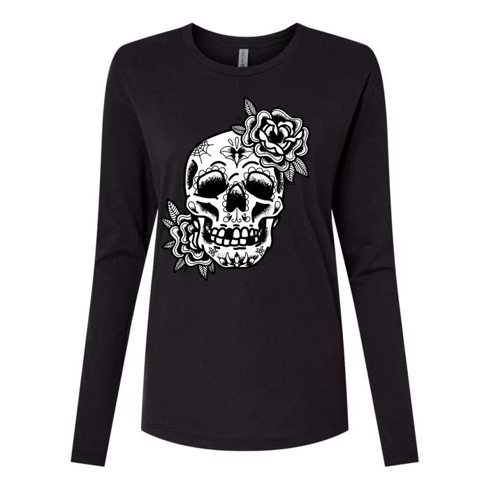 Skull Flower Tattoo Womens Cotton Relaxed Long Sleeve T-Shirt