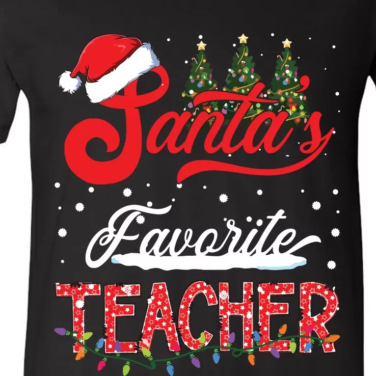 Santas Favorite Teacher Family Matching Group Christmas V-Neck T-Shirt