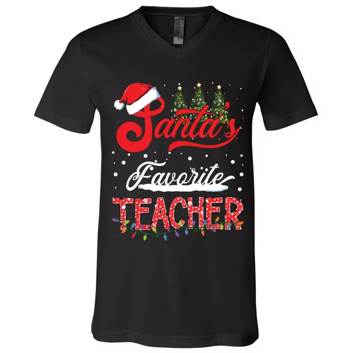 Santas Favorite Teacher Family Matching Group Christmas V-Neck T-Shirt