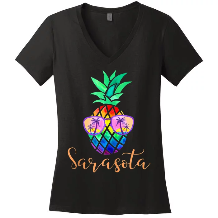 Sarasota Florida Tropical Funny Pineapple Summer Sunglasses Women's V-Neck T-Shirt