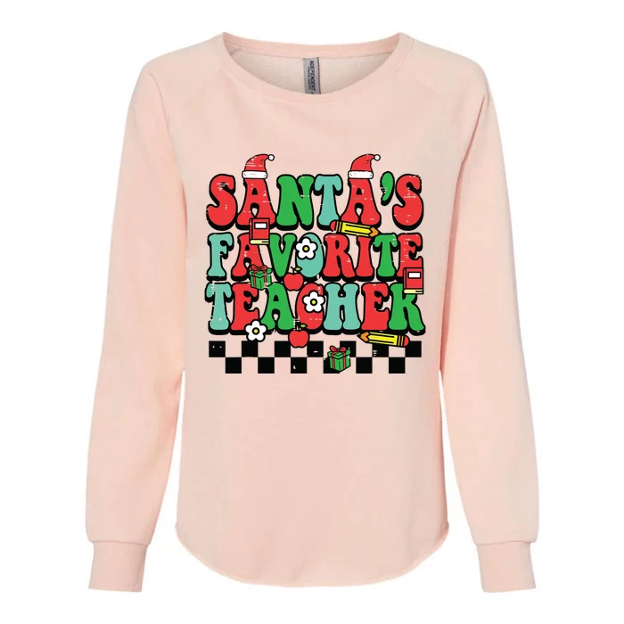 Santas Favorite Teacher Retro Groovy Christmas Xmas Women Womens California Wash Sweatshirt